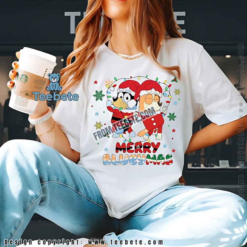 Merry Blueymas Shirt Bluey Bingo Christmas Lights Pattern