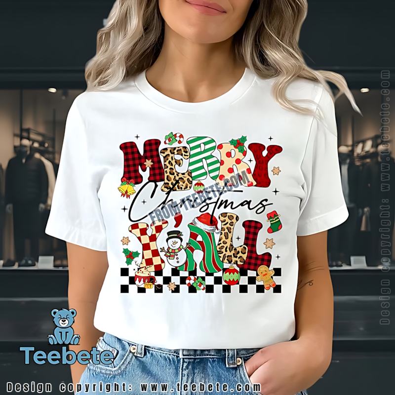 Merry Christmas Yall Shirt Buffalo Plaid Leopard Print Christmas