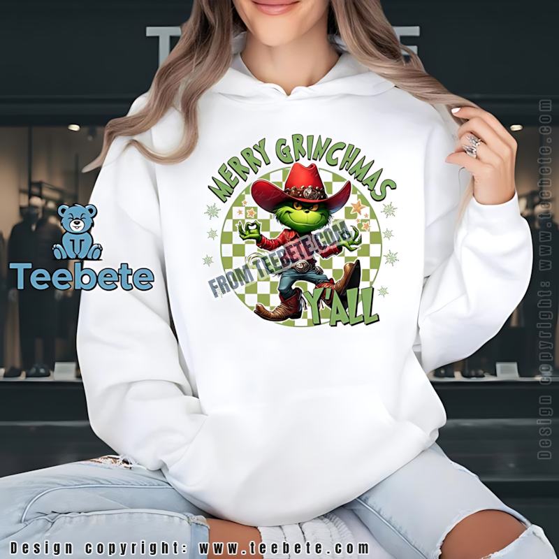Merry Grinchmas Yall Cowboy Grinch Hoodie Western Christmas Design Merry Grinchmas Yall Cowboy Grinch Hoodie Western Christmas Design