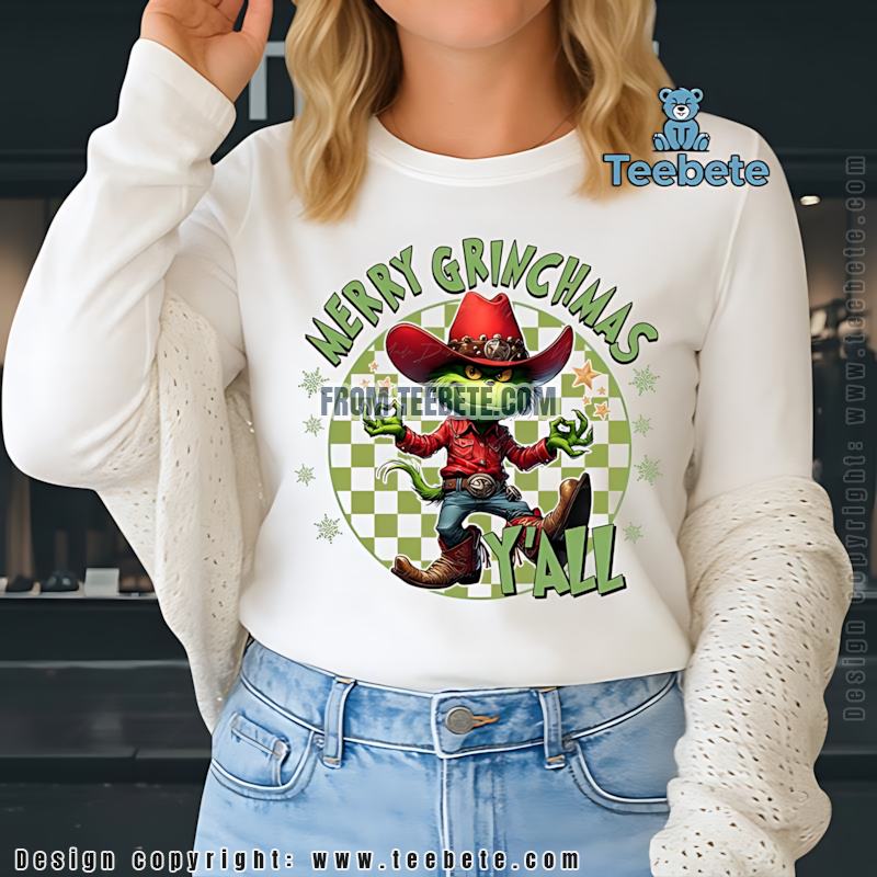 Merry Grinchmas Yall Cowboy Grinch Long Sleeve Western Christmas Design Merry Grinchmas Yall Cowboy Grinch Long Sleeve Western Christmas Design