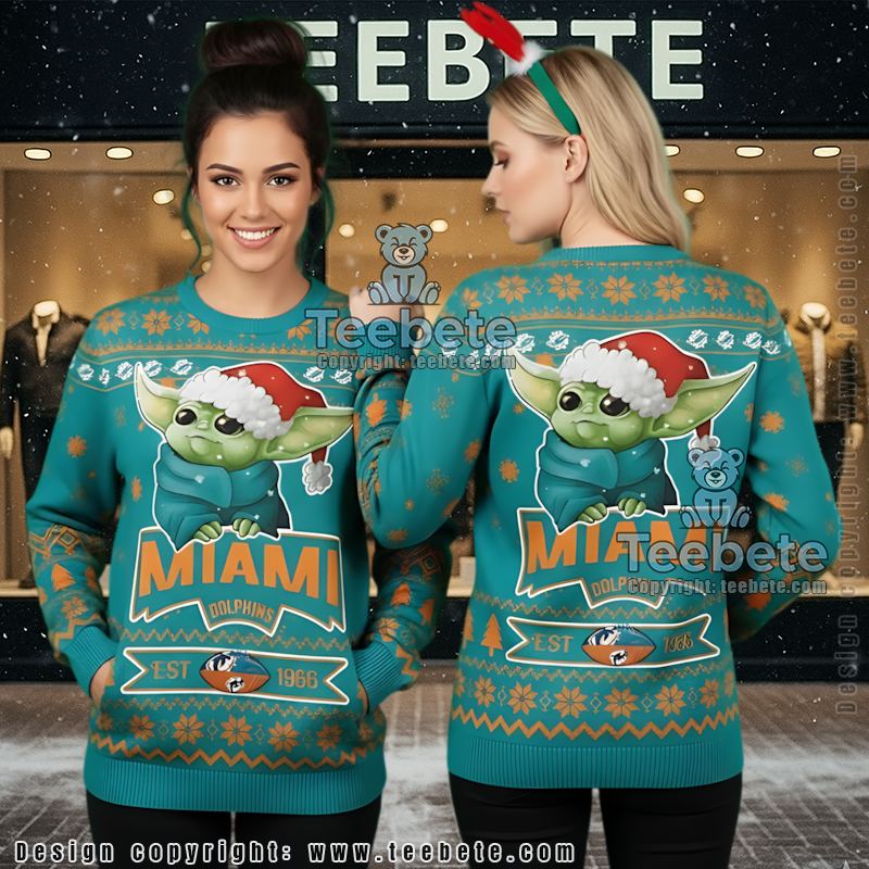 Miami Dolphins Christmas Wreath Ugly Christmas Sweater Blue White Most