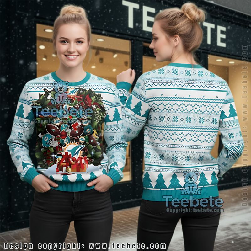 Miami Dolphins Christmas Wreath Ugly Christmas Sweater Blue White Most