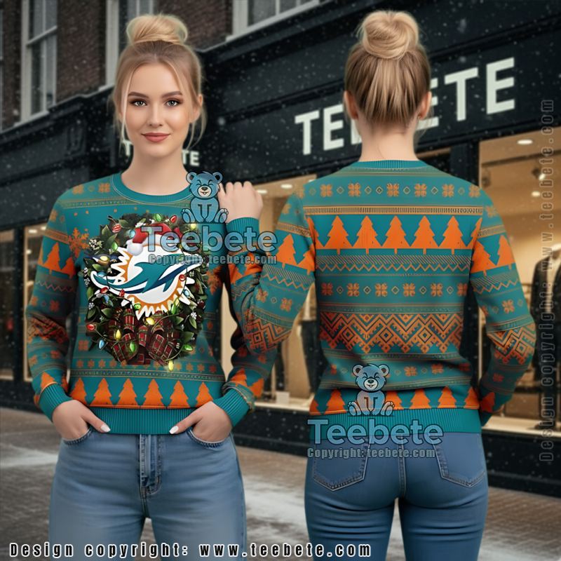 Miami Dolphins Christmas Wreath Ugly Christmas Sweater Blue White Most