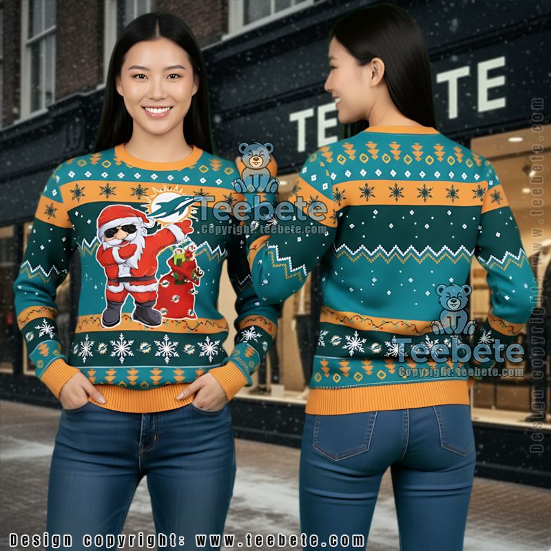 Miami Dolphins Dabbing Santa Claus Ugly Xmas Sweater Womens Blue