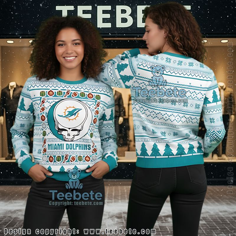 Miami Dolphins Grateful Dead Halloween Ugly Christmas Sweater Ladies Light Blue