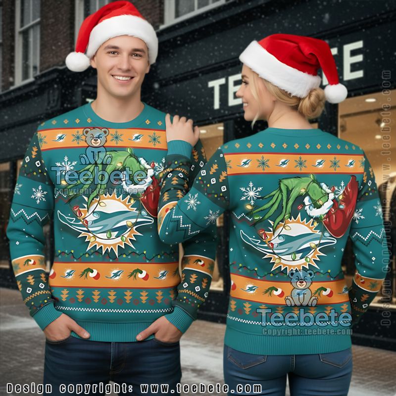 Miami Dolphins Grinch Hand Best Ugly Christmas Sweaters Blue