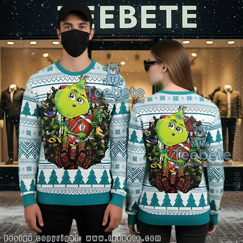 Miami Dolphins Grinch Hug Ugly Xmas Sweater Womens Blue White