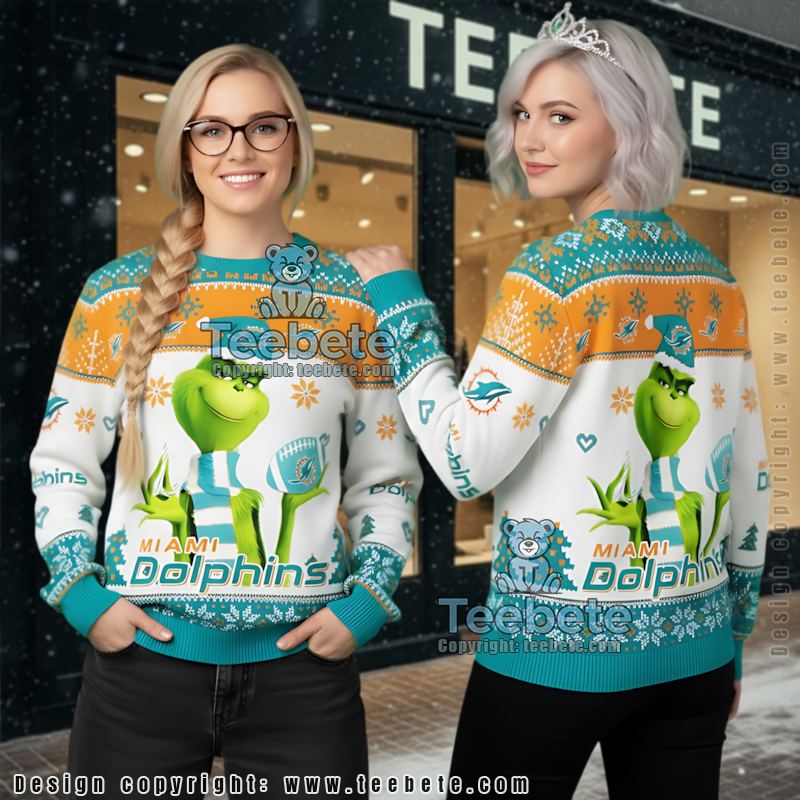 Miami Dolphins Grinch Xmas Ugly Christmas Sweater Cute White Green