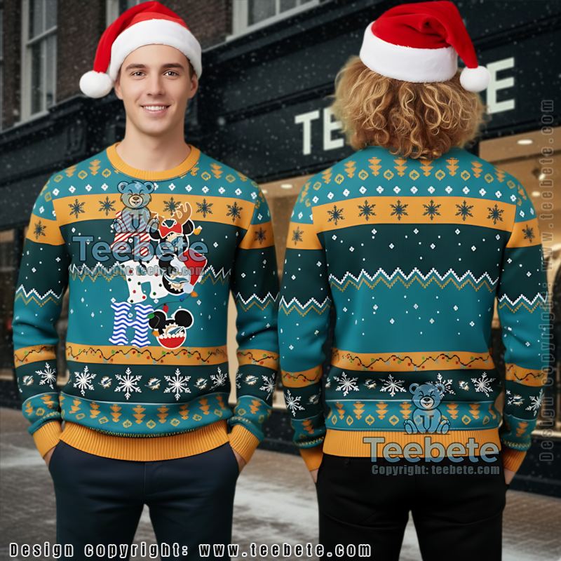 Miami Dolphins Hohoho Mickey Mouse Cute Ugly Christmas Sweater Yellow Blue