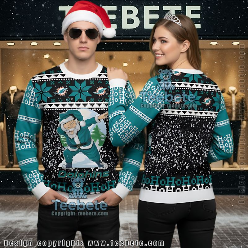 Miami Dolphins Santa Claus Tattoo Ugly Christmas Sweatshirt Womens Blue Miami Dolphins Santa Claus Tattoo Ugly Christmas Sweatshirt Womens Blue