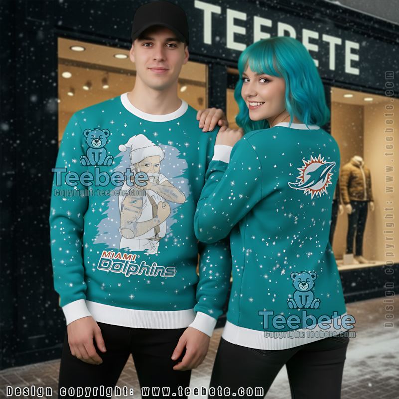Miami Dolphins Santa Claus Tattoo Ugly Christmas Sweatshirt Womens Blue