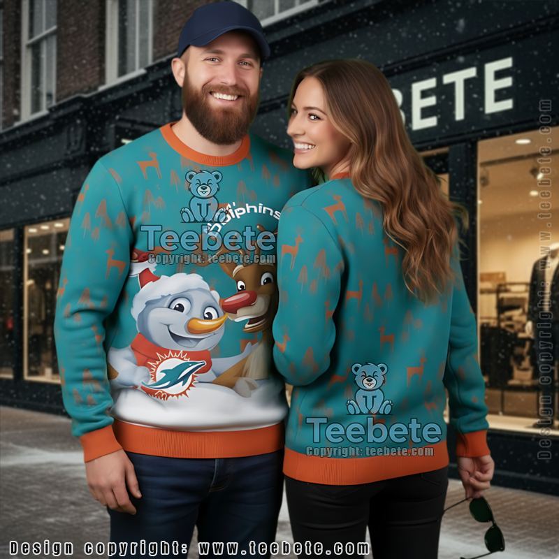 Miami Dolphins Snowman Reindeer Ugly Holiday Sweater Orange Blue