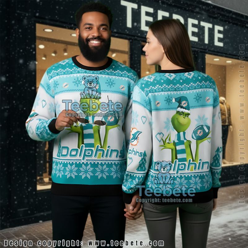 Miami Dolphins The Grinch Ugly Christmas Sweater Womens White Blue