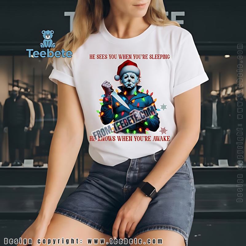Michael Myers Christmas Lights Shirt He Sees You When Youre Sleeping