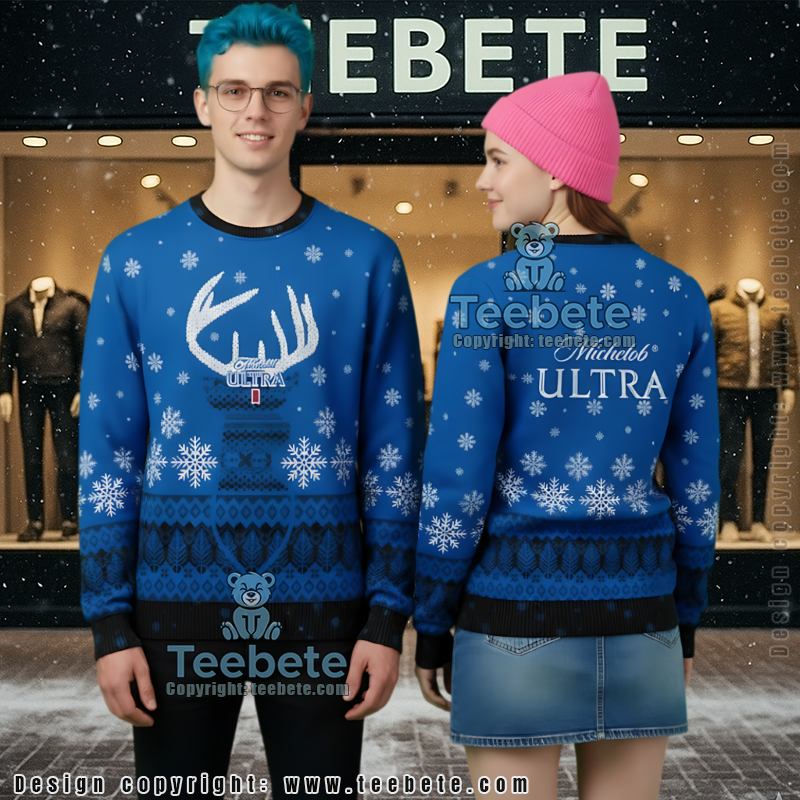 Michelob Ultra Reindeer Ugly Christmas Sweater Snowy Blue