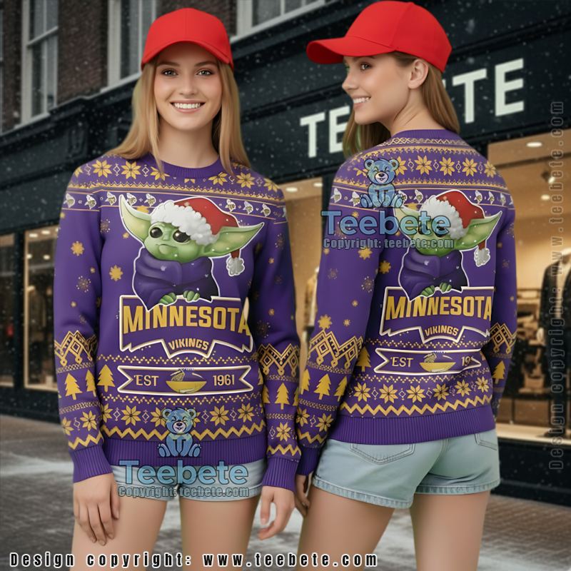 Minnesota Vikings Baby Yoda Star Wars Ugly Christmas Sweater Purple Ladies