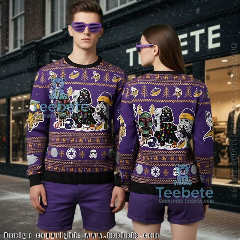Minnesota Vikings Boba Fett Darth Vader Stormtroopers Ugly Christmas Sweaters Purple