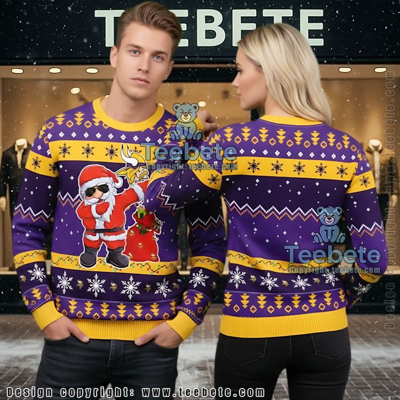 Minnesota Vikings Dabbing Santa Claus Ugly Xmas Sweater Yellow Purple Womens