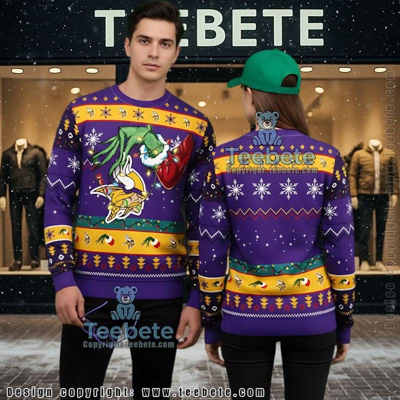Minnesota Vikings Grinch Hand Ugly Sweater Purple Christmas Party