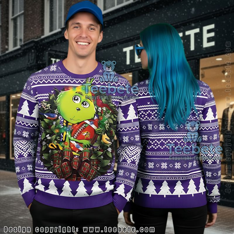 Minnesota Vikings Grinch Hug Cute Ugly Christmas Sweater White Purple