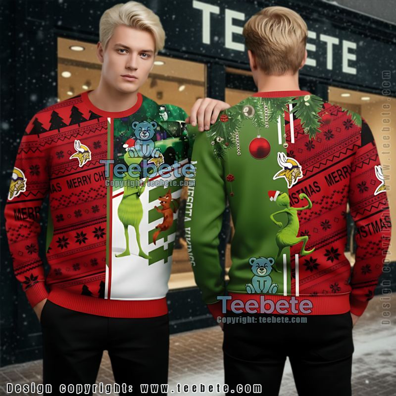Minnesota Vikings Grinch Scoobydoo Ugly Cardigan Christmas Green Red
