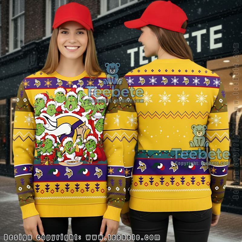 Minnesota Vikings Grinch Ugly Christmas Sweaters Yellow Couples