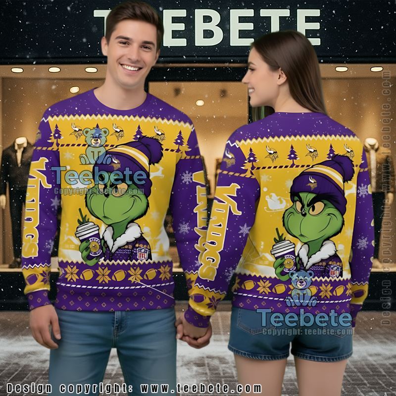 Minnesota Vikings Grinch Ugly Sweater Yellow Purple Funny