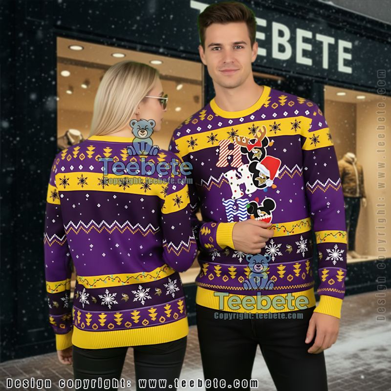 Minnesota Vikings Mickey Hohoho Ugly Sweaters For Couples Yellow Purple