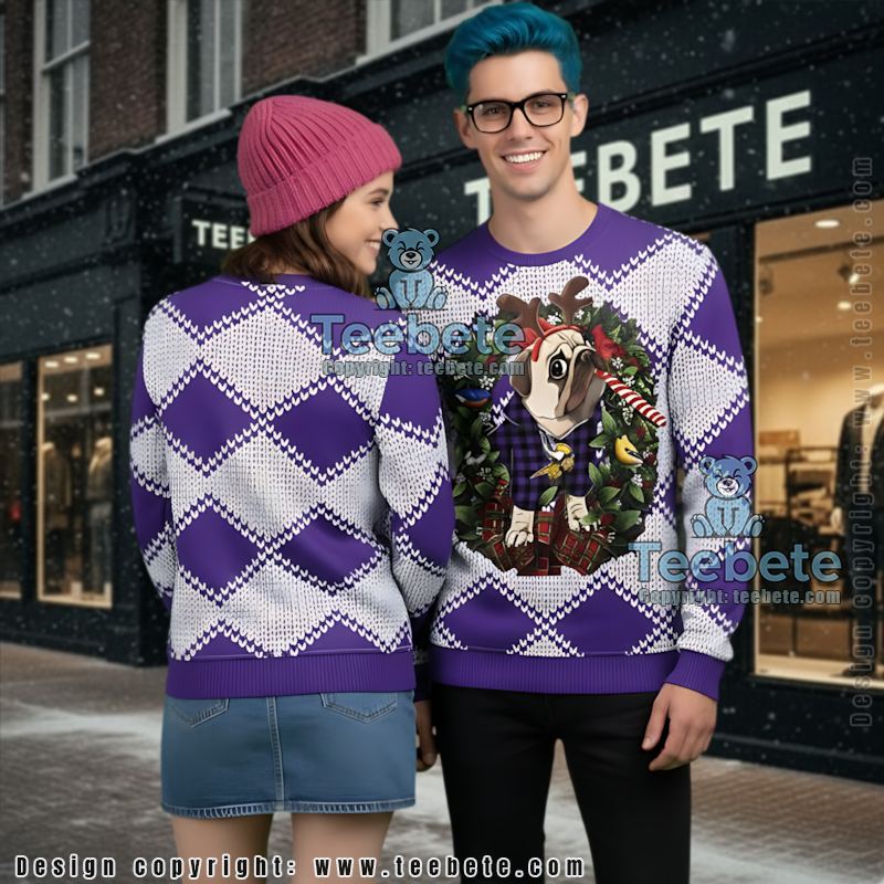 Minnesota Vikings Pub Dog Christmas Wreath Ugly Xmas Sweater Purple