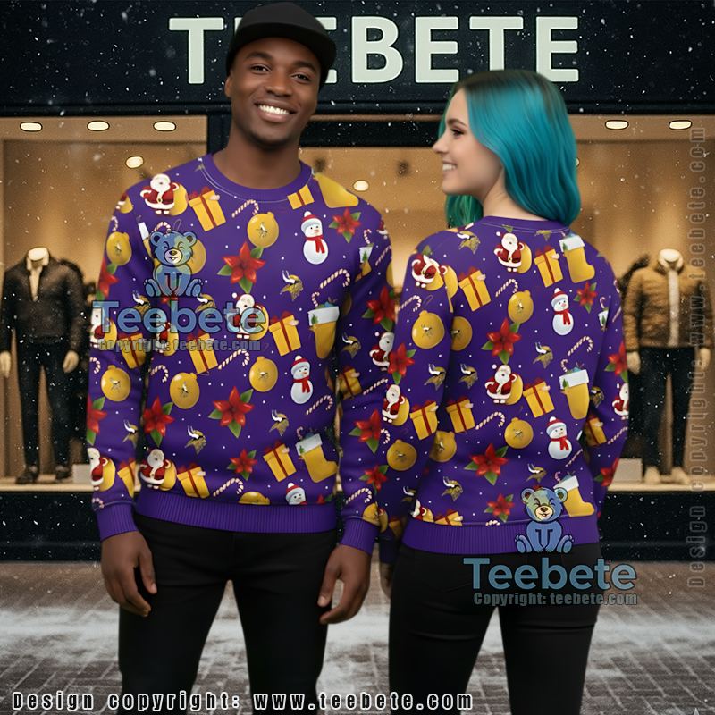 Minnesota Vikings Santa Claus Snowman Ugly Christmas Sweater Purple Adults