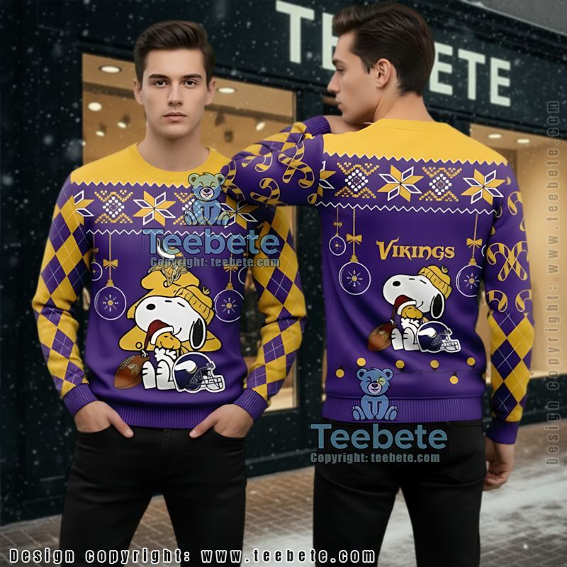 Minnesota Vikings Snoopy Woodstock Ugly Sweater Purple Yellow Naughty