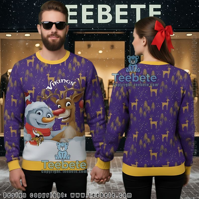 Minnesota Vikings Snowman Reindeer Ugly Xmas Sweater Party Purple