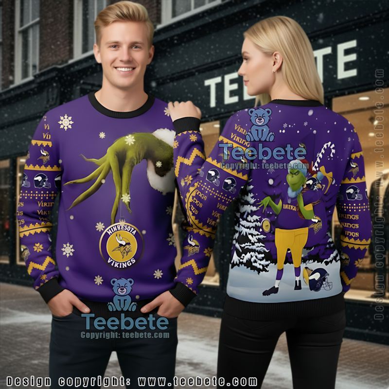 Minnesota Vikings The Grinch Hand Ugly Christmas Sweatshirt Purple