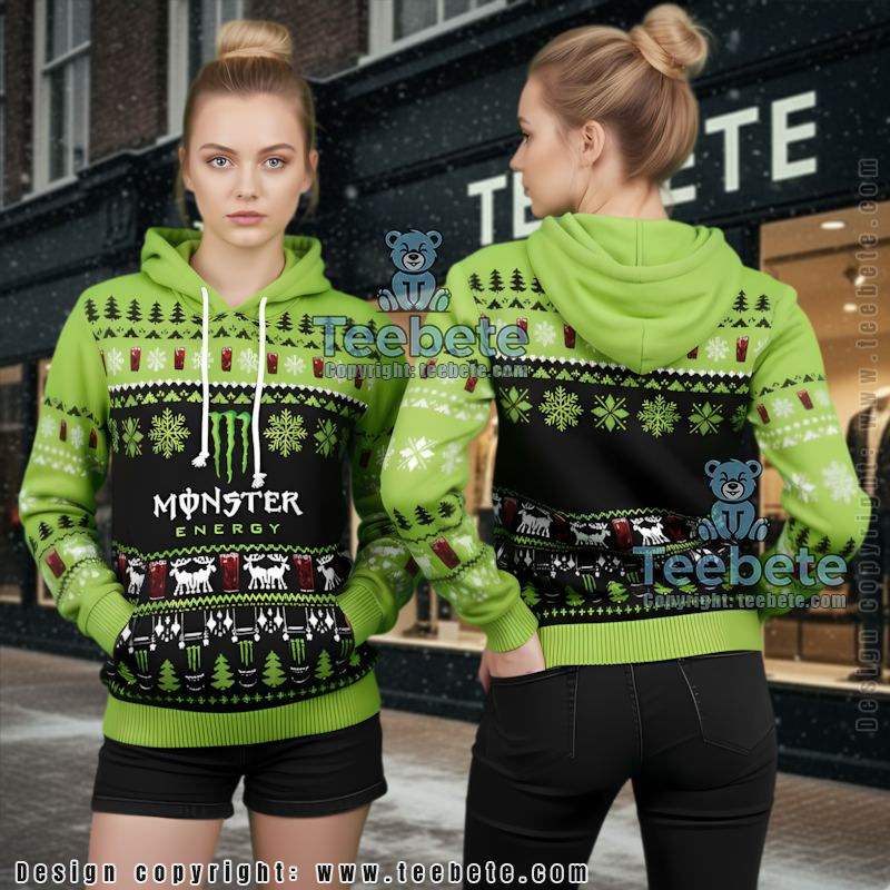 Monster Energy Green Black Ugly Christmas 3D Hoodie Festive Drink