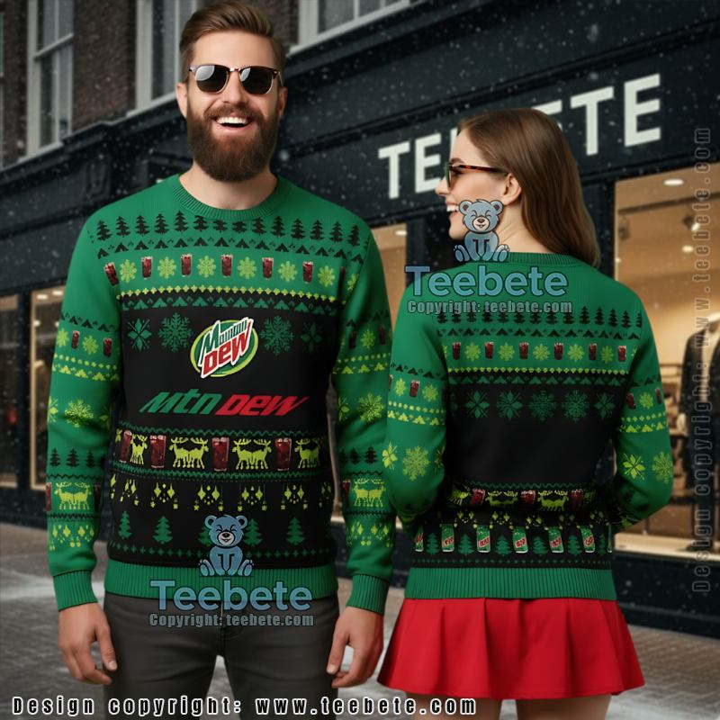 Mountain Dew Ugly Christmas Sweater Green Black Reindeer