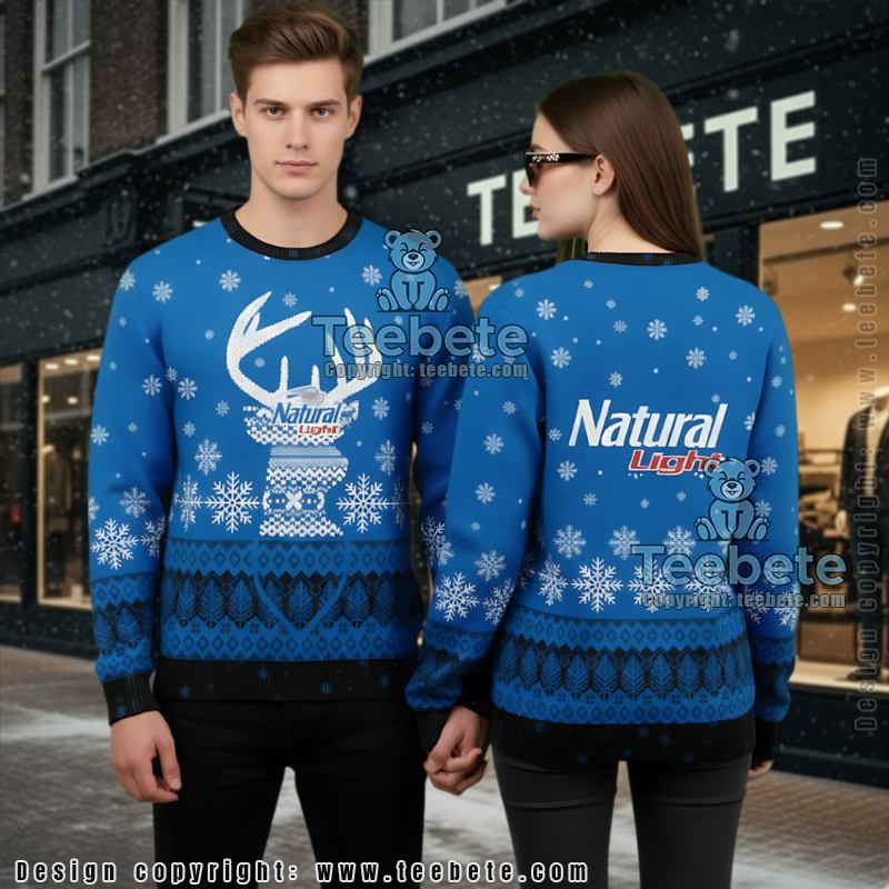 Natural Light Beer Ugly Christmas Sweater Reindeer Snowy Jumper Blue