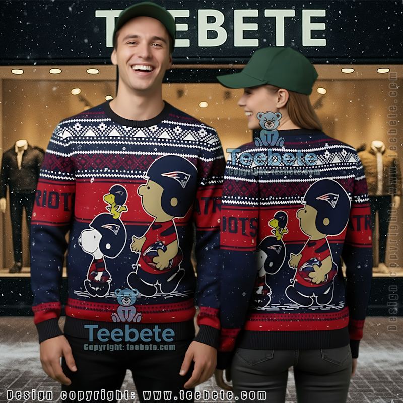 New England Patriots Charlie Brown Snoopy Woodstock Ugly Christmas Sweater Blue