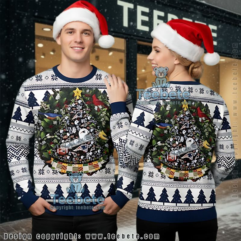 New England Patriots Christmas Wreath Ugly Christmas Sweater Adults Blue