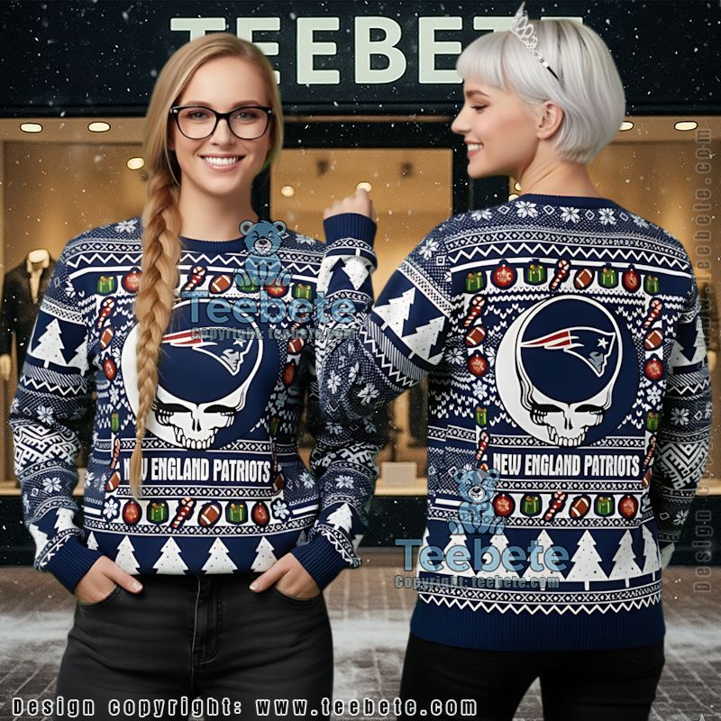 New England Patriots Christmas Wreath Ugly Christmas Sweater Adults Blue