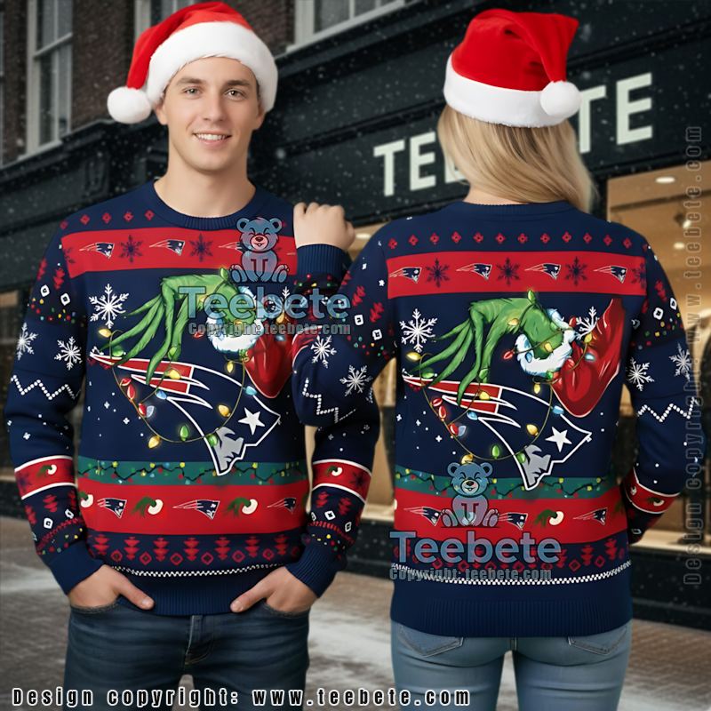 New England Patriots Grinch Hand Ugly Christmas Sweater Adults Blue Red