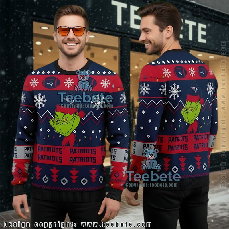 New England Patriots Grinch Santa Ugly Christmas Sweater Plus Size Blue Red