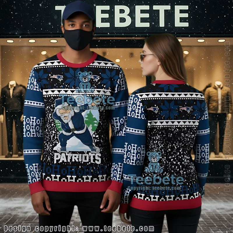 New England Patriots Santa Claus Ho Ho Ho Ugly Christmas Sweater Mens Blue Black