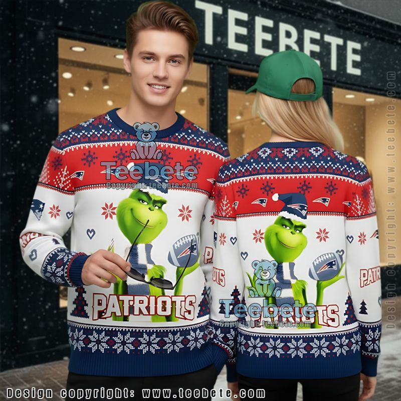 New England Patriots The Grinch Ugly Christmas Sweatshirt Womens White Blue