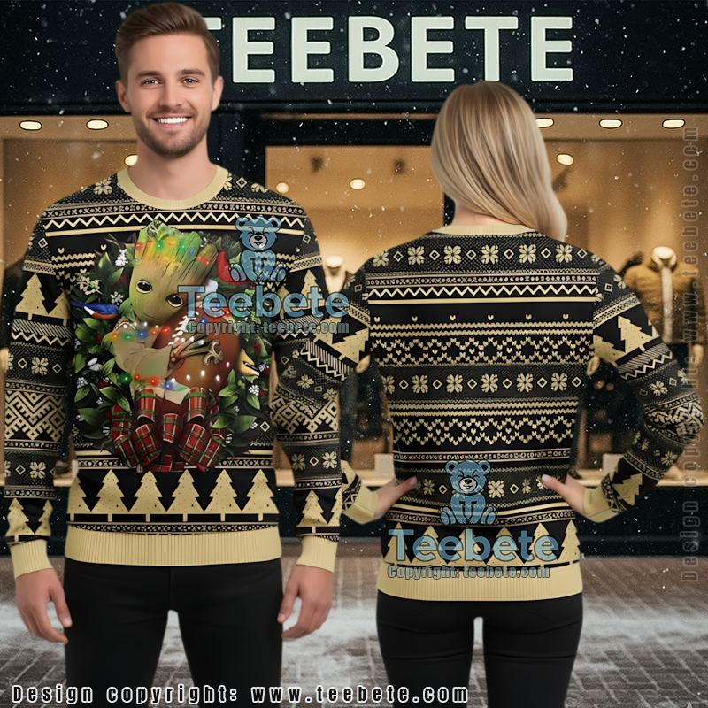 New Orleans Saints Baby Groot Hug Ugly Sweater Black Naughty