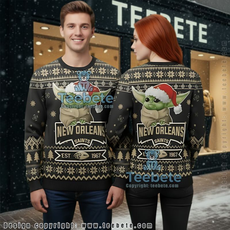 New Orleans Saints Baby Yoda Star Wars Ugly Xmas Sweater Black
