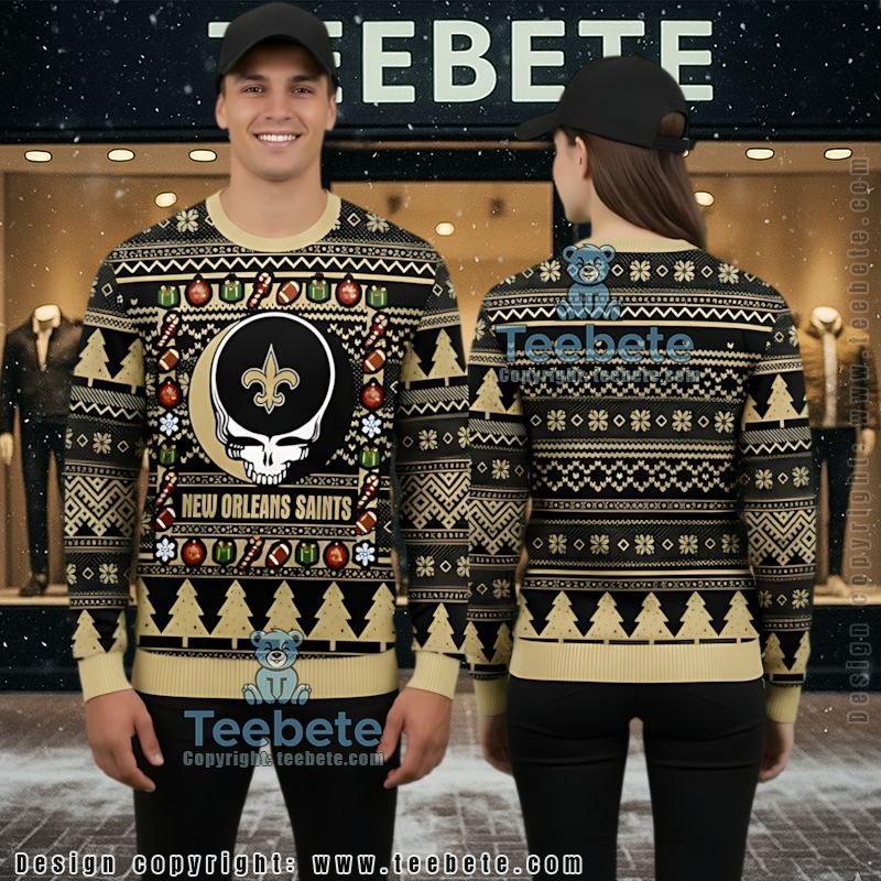 New Orleans Saints Grateful Dead Ugly Christmas Sweatshirt Black