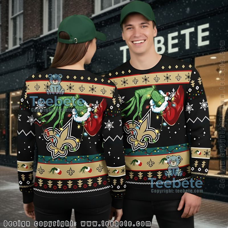 New Orleans Saints Grinch Hand Ugly Christmas Sweater Black Cute