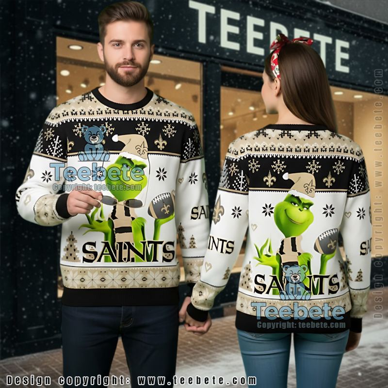 New Orleans Saints Grinch Santa Ugly Sweaters For Couples Black White
