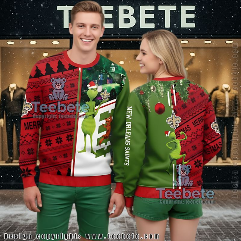 New Orleans Saints Grinch Scooby Doo Ugly Christmas Sweater Green Red Vacation