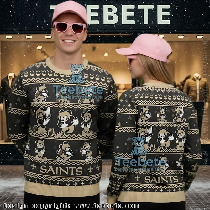 New Orleans Saints Mickey Mouse Ugly Christmas Sweater Womens Black